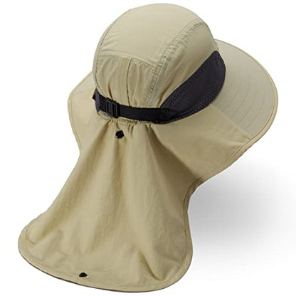 BASSDASH UPF 50+ Unisex Water Resistant Wide Brim Sun Hat with Large Neck Flap Ponytail Fishing Hat for Men Women - color: Cream
