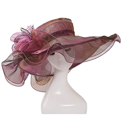 Women Oganza Sun Hat Church Wide Brim Wedding Formal Fascinator Hat - color: Plum & Purple