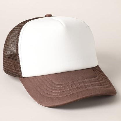 MIRMARU 5 Panels Blank Foam Front Two Tone Solid Trucker Mesh Back Baseball Cap with Adjustable Snapback Strap - color: Two Tone-dark Brown/White