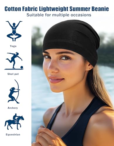 Cotton Skull Caps Lightweight Summer Beanie Hat Thin Sleep Sleeping Hats Chemo Caps Running Helmet Liner - color: Black 2 Pack