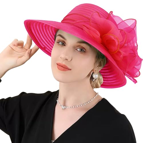 DRESHOW Lady Derby Dress Church Bowler Cloche Hat Bowknot Organza Bridal Cap for Wedding - color: 1 Pack Bowler Hat: Rose
