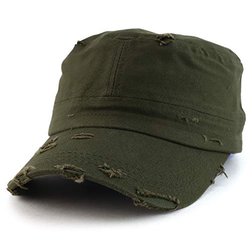 Armycrew Military Cadet Style Flat Top Distressed Vintage Cap - color: Olive