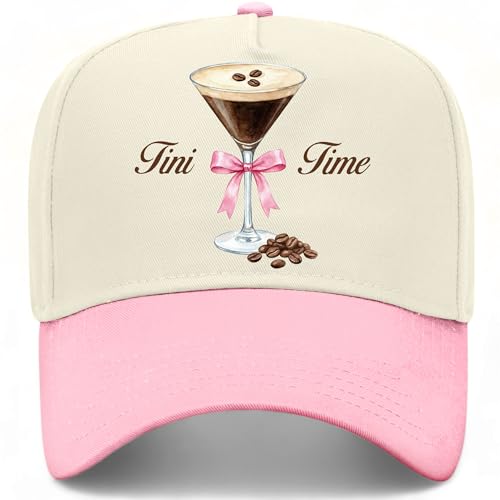 Tini Time Ribbon Hat | Premium Adjustable Snapback Espresso Martini Trucker Hats for Men & Women - color: Pink/Natural
