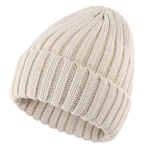 Connectyle Women's Rib Knit Cuffed Beanie Hat Stretch Acrylic Winter Hat Thick Warm Snow Ski Cap - color: Beige