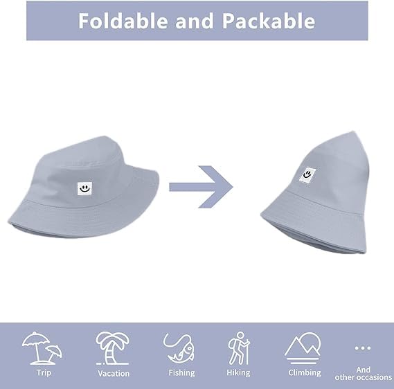 Kids Sun Hat Smile Face Bucket Hat for Girls Boys Summer Sun Protection Cotton Unisex Beach Cap - color: Grey