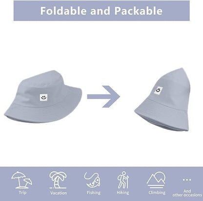Kids Sun Hat Smile Face Bucket Hat for Girls Boys Summer Sun Protection Cotton Unisex Beach Cap - color: Grey