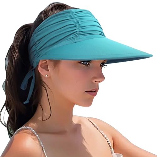 Women Visor Sun Hat Adjustable Foldable Wide Brim Sun Hats Summer UPF 50+ UV Protection Visor Cap for Outdoor Beach - color: Sea Blue a