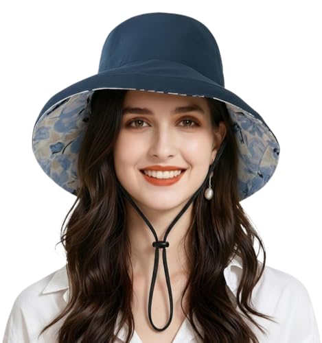 Womens Foldable Shapeable Brim Sun Hat UPF 50+ Cotton Wide Brim Beach Adjustable Chin Strap Hat Sun Protection Cap - color: Z5-blue