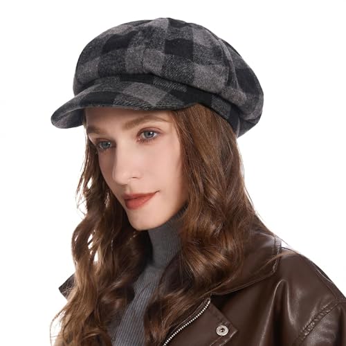 ZLYC Women Classic Newsboy Cap Visor 8 Panel Gatsby Cabbie Paperboy Hat - color: Plaid Black Gray