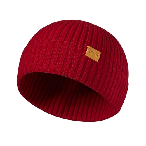 100% Merino Wool Fisherman Beanie Hat, Unisex Warm Winter Hats, Soft Breathable Knitted Short Cuffed Cap - color: Deep Red