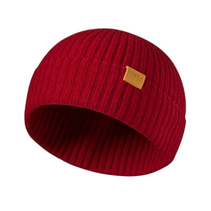 100% Merino Wool Fisherman Beanie Hat, Unisex Warm Winter Hats, Soft Breathable Knitted Short Cuffed Cap - color: Deep Red