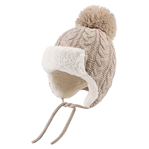 Peecabe Winter Kids Beanie Hat Baby Knitted Hats Fleece Earflap Toddler Cap - color: Beige, size: 6-24 Months