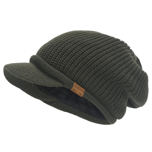Winter Beanie with Visor - Stylish Knit Hat with Bill - Thick Brimmed Beanies with Fleece Lining Men and Women - color: B326-green
