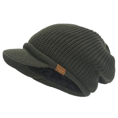 Winter Beanie with Visor - Stylish Knit Hat with Bill - Thick Brimmed Beanies with Fleece Lining Men and Women - color: B326-green