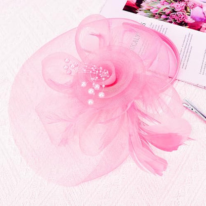 Womens Fascinators Mesh Hats Tea Party Hats for Women Feather Veil Headband - color: Pink