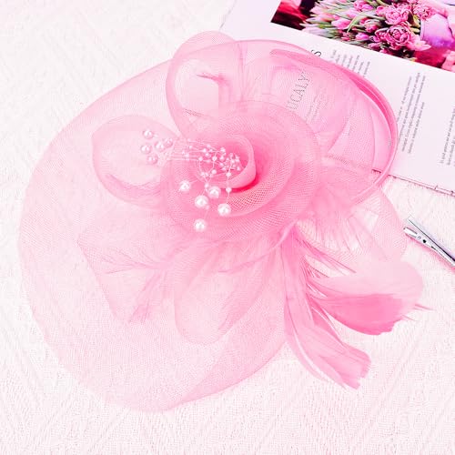 Womens Fascinators Mesh Hats Tea Party Hats for Women Feather Veil Headband - color: Pink