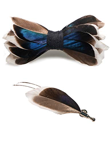 RBOCOTT Handmade Feather Pre-tied Bow tie and Brooch Sets for Men - color: Navy Blue/Brown