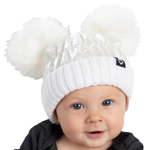 Funky Junque Baby Winter Beanie - Adorable Dual Pom Pom, Fleece Lined, Warm Infant Toddler Hat - color: White