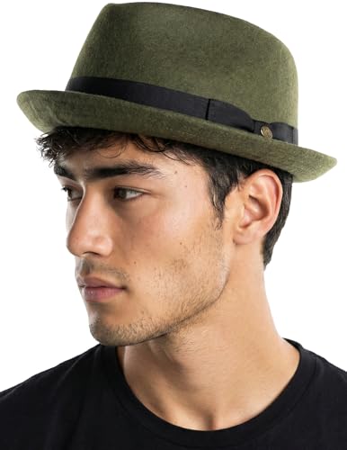Funky Junque Wool Blend Porkpie Fedora, Classic Trilby Dress Hat - color: Olive, size: Medium