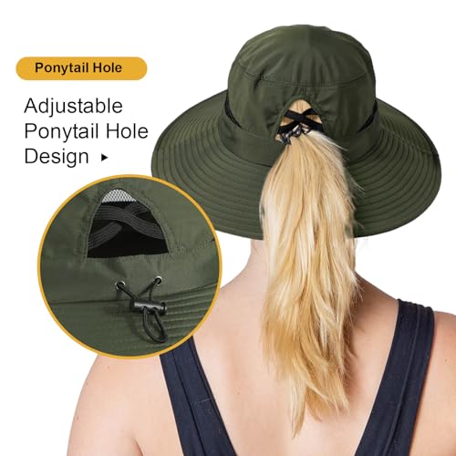 Bucket Sun Hat for Women Wide Brim Breathable Mesh UPF50+ Safari Hat Criss Cross Ponytail Hole Outdoor Rain Hat - color: Army Green