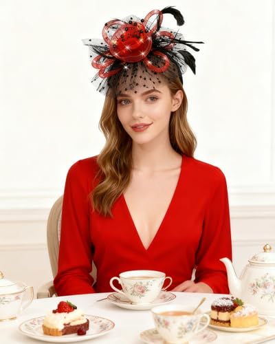 Women Fascinator Hats LED Light Up Headband for Tea Party Halloween Night Headwear Christmas Mardi Gras - color: Black Red