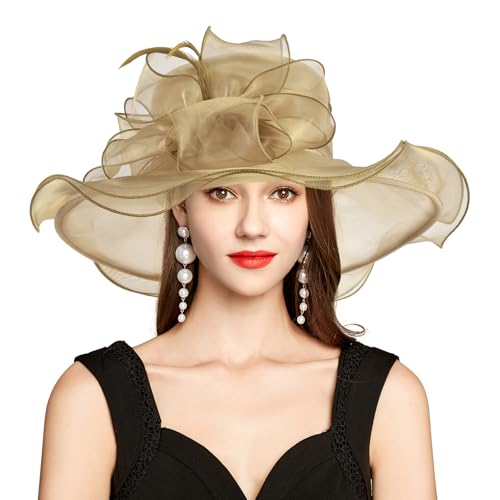 2026 Kentucky Derby Hat for Women Ladies, Organza Veil Feather Fascinator for Tea Party Church UV Protection Sun Hat - color: 4570-khaki
