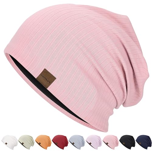 HAMUNI Slouchy Beanie for Men Women Soft Lightweight Chemo Headwear - color: Coral Pink