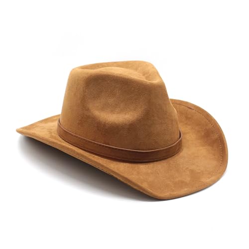 Unisex Western Suede Cowboy Cowgirl Hat Classic Wide Brim Fedora Hat for Men &Women - color: Khaki