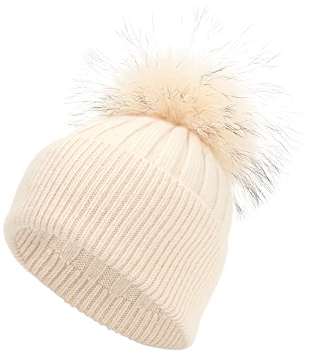Women's Winter Ribbed Cuffed Beanie Skull Cap with Genuine Raccoon Fur Pom - color: Rc Beige