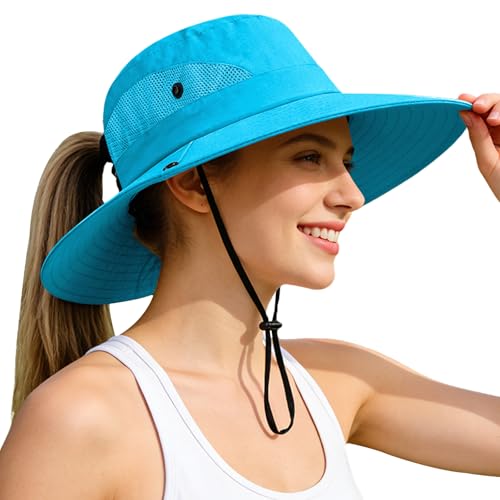 Rosoz Ponytail Sun Bucket Hats for Women UV Protection Foldable Wide Brim - color: 1 Pack-pure Blue