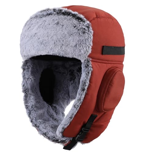 Connectyle Men's Trapper Hat with Faux Fur Linning Eskimo Windproof Winter Warm Hats Ushanka Hunting Hat - color: Reddish Brown