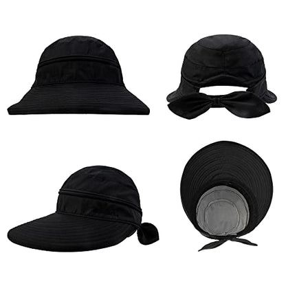 Womens Large Brim Sun Hat Uv Protection 2 in 1 Zip-Off Sun Protection Visor Beach Hat Packbale Foldable - color: Black