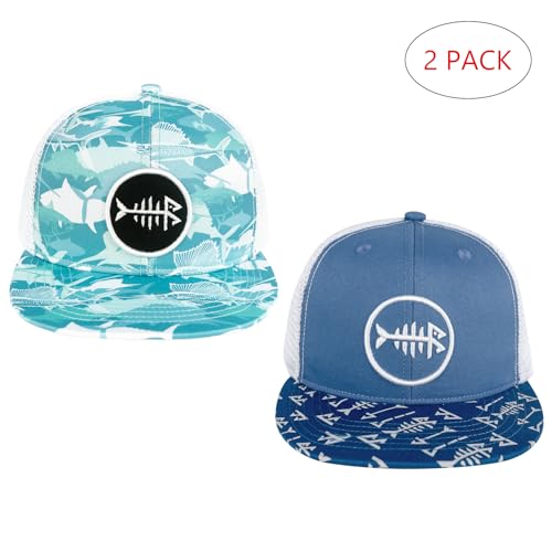 BASSDASH 2 Pack Flat Brim Trucker Cap Adjustable Snapback Hat Mesh Back for Men Women Fishing Hunting - color: Pack of 2, Blue & Fish Camo