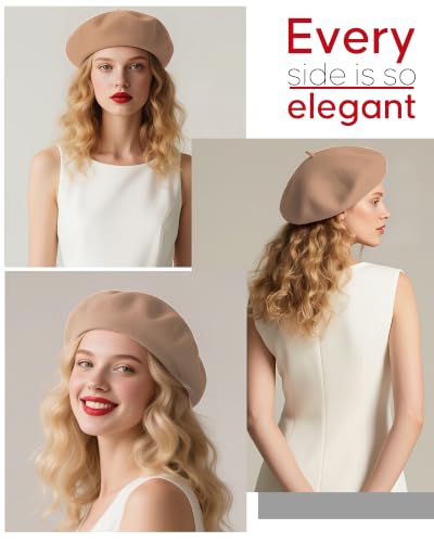 French Beret Hats for Women - Wool Solid Color Beanie Cap - color: Camel