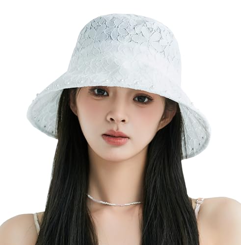 Summer Hats Women 2026 Fashionable Wide Brim Bucket Hat Lace Sunhat Slouchy - color: White