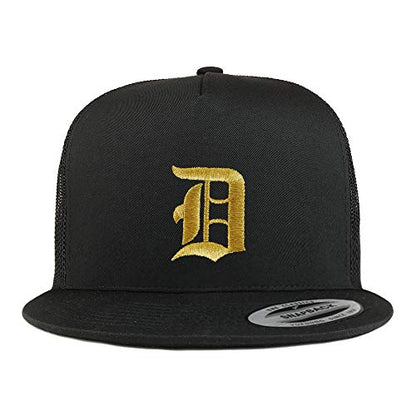 Trendy Apparel Shop Old English Gold D Embroidered 5 Panel Flatbill Trucker Mesh Cap - color: Black