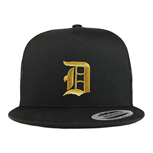 Trendy Apparel Shop Old English Gold D Embroidered 5 Panel Flatbill Trucker Mesh Cap - color: Black