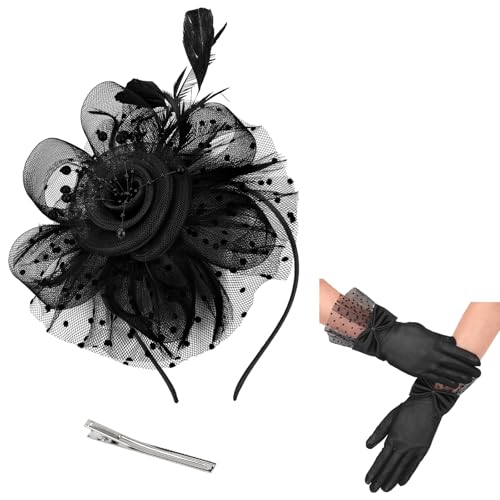 Womens Fascinators Hats and Gloves Set Short Lace Gloves Tea Party Flower Mesh Hair Clips - color: Black