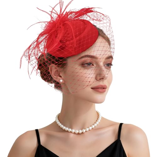 Fascinator Hat Veil Feather Fascinator Tea Party Bridal Wedding Veil Retro Hat Pillbox Hat - color: Red
