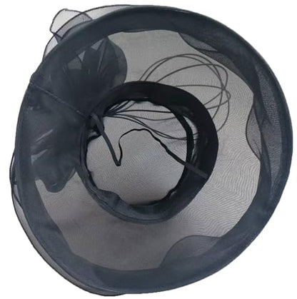 Organza Fascinator Hat - Women’s Wide Brim Church Bridal Tea Party Wedding Hat - color: 02a-black