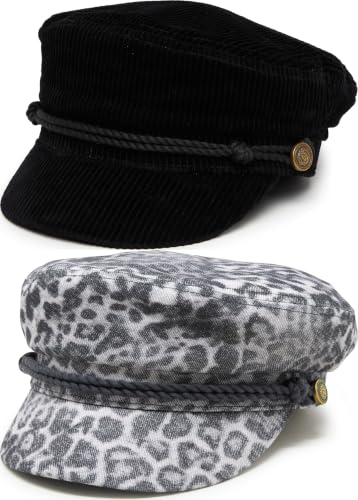 Funky Junque Greek Fisherman Newsboy Cap, Cotton Captains Bakerboy Hat - color: 2 Pack - Corduroy - Black & Leopard - Black/Grey