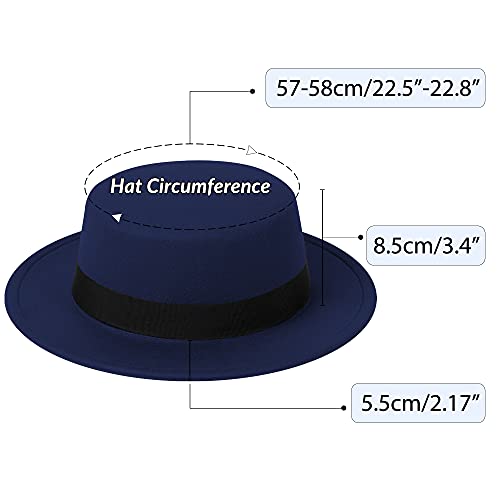 Classic Fedora Hat Flat Top Hat Felt Pork Pie Hat Wide Brim Church Derby Cap for Women and Men - color: Navy Blue