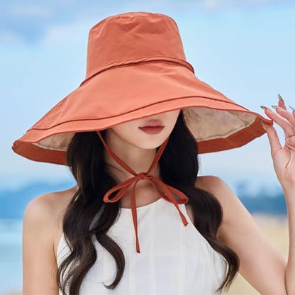 HUAMULAN Women Wide Brim Reversible Sun Hat Summer Beach Fishing Bucket - color: Orange