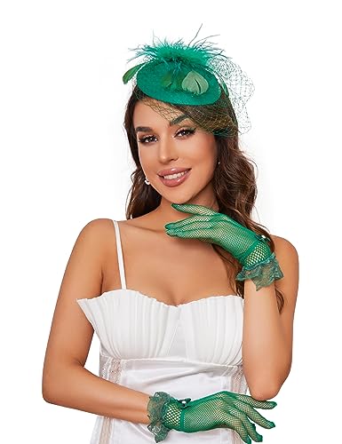 20s 50s Pillbox Derby Fascinator Hat Veil Feather Fascinators Hair Clip Wedding Tea Party Hat and Short Lace Gloves for Women - color: Green
