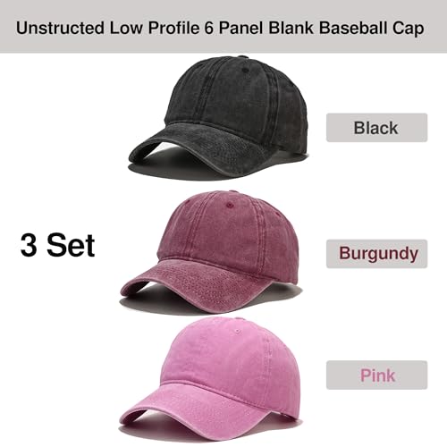 Baseball Cap 3 Pack, Vintage Distressed Cotton Dad Hats for Women Men - color: Black, Burgundy, Pink