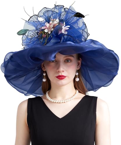 Women Organza Derby Hat Fascinator Tea Party Wedding Church Derby Hat Fascinator Hats Dual-use - color: 02d Navy Blue
