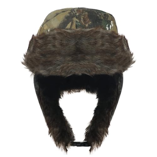 Mens Winter Camo Trapper Hat with Ear Flaps Faux Fur Lined Trooper Ushanka Hats Windproof Warm Russian Hunting Ski Cap - color: Yellow Camo