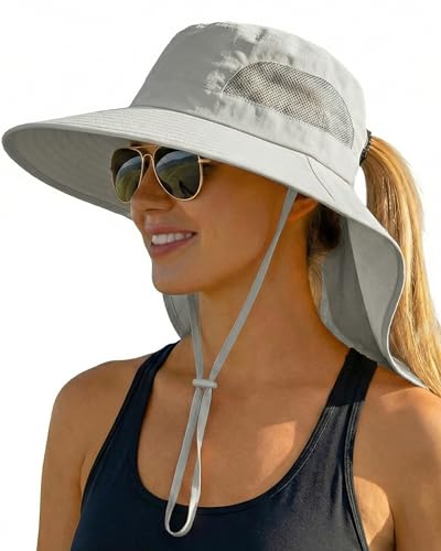 Women Sun Hats UV Protection Wide Brim with Bucket Ponytail Hole - color: Light Gray