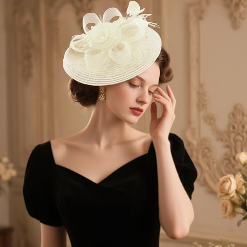 DRESHOW Fascinators Hat Flower Mesh Feathers Hat with a Headband and a Clip 7.9" Tea Party Headwear for Women - color: Folded Style 2: Beige / 7.9"