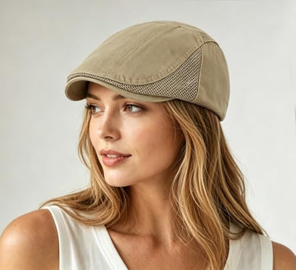 DIYDECAL Mens Cotton Mesh Newsboy Cap Flat Ivy Gatsby Hat Summer Driving Cabbie Cap - color: Khaki